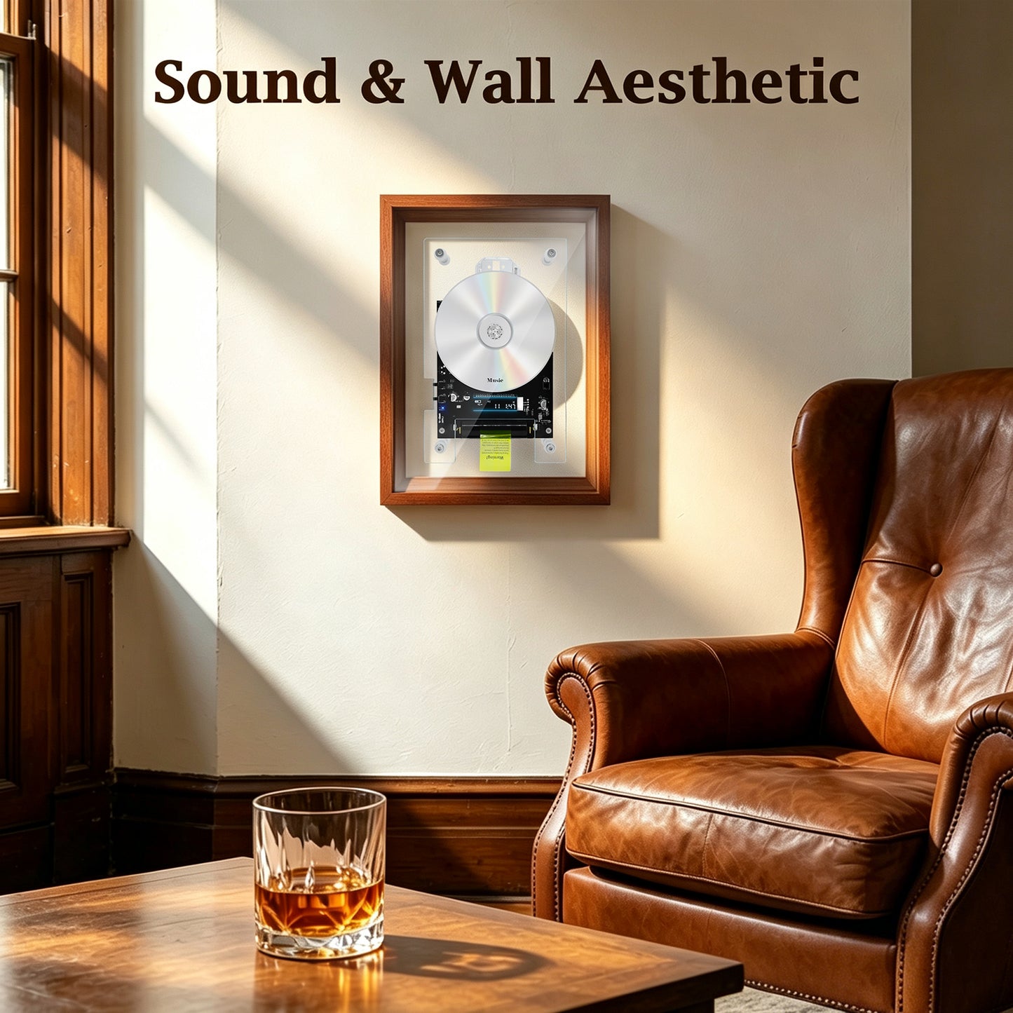 Soul Mate BT CD Player | Wall-Mount Playable Artwork, Cabin-Style Wood Frame | Rechargeable Hi-Fi Audio Vintage Home Decor | Requires External Speakers, CD not included