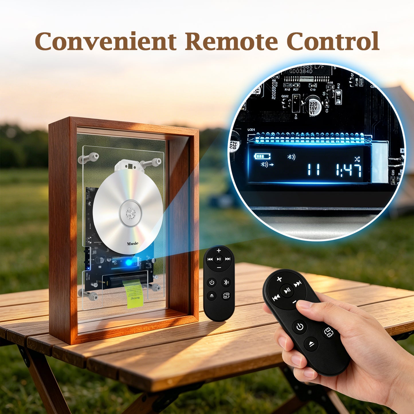 Camping Buddy Portable BT CD Player | Retro Wooden Decor for Campground, Picnic & Cabin | Requires External Speakers, CD not included