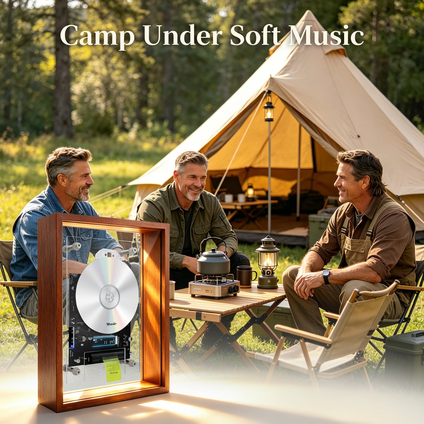 Camping Buddy Portable BT CD Player | Retro Wooden Decor for Campground, Picnic & Cabin | Requires External Speakers, CD not included