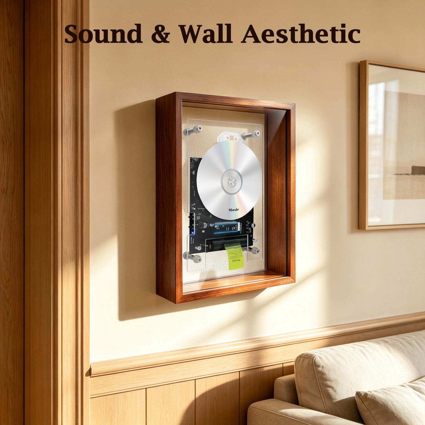 Soul Mate BT CD Player | Wall-Mount Playable Artwork, Cabin-Style Wood Frame | Rechargeable Hi-Fi Audio Vintage Home Decor | Requires External Speakers, CD not included