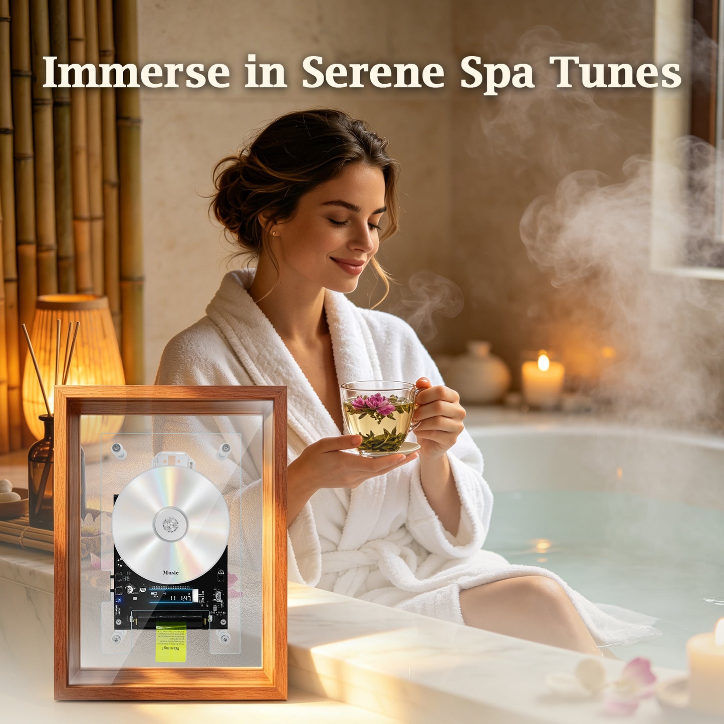 Spa Relaxation BT CD Player | Rechargeable Hi-Fi Calming Audio | Warm Wood Vintage Decor for Bedroom & At-Home Spa | Requires External Speakers, CD not included