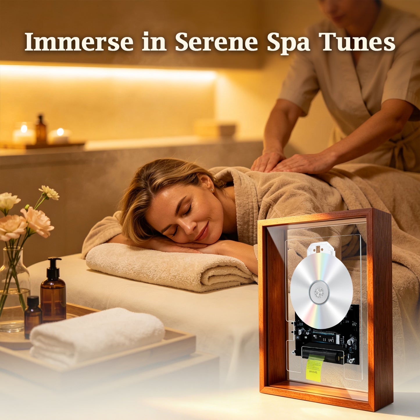 Spa Relaxation BT CD Player | Rechargeable Hi-Fi Calming Audio | Warm Wood Vintage Decor for Bedroom & At-Home Spa | Requires External Speakers, CD not included