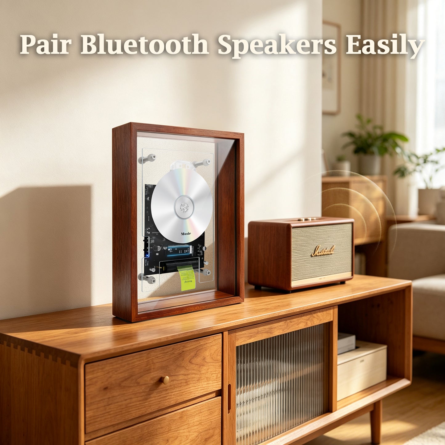 Statement Decor BT CD Player | Stunning Aesthetic Hi-Fi Audio | Rechargeable Retro Wood Accent for Home, Bedroom, Dining Room & Coffee Shop | Requires External Speakers, CD not included