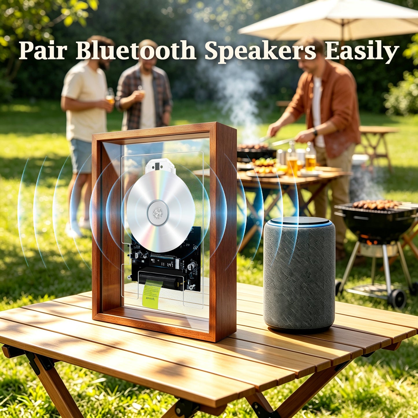 Vibe Booster BT CD Player | Rechargeable Hi-Fi Sound | Retro Wooden Decor for Backyard BBQ, Patio & Outdoor Camping | Requires External Speakers, CD not included